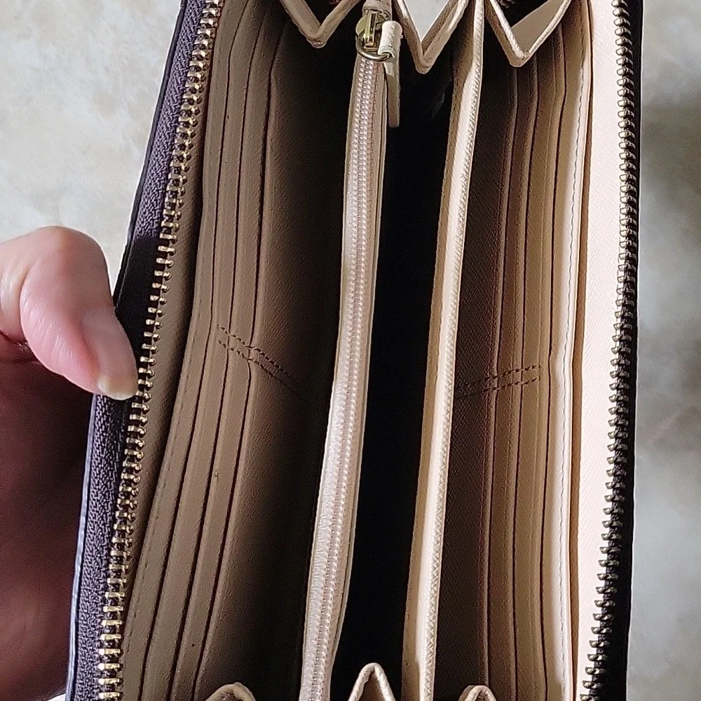 Coach Signature Canvas Zip Around Long Wallet Brown Tan Gold Hardware Oval Logo